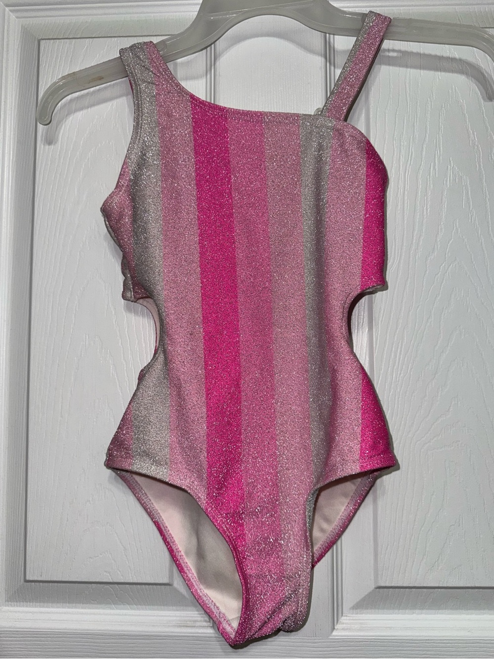 Betsey Johnson Swimsuit Glitter Stripe Girls Sparkle Pink Cut Out One Piece Sz 8